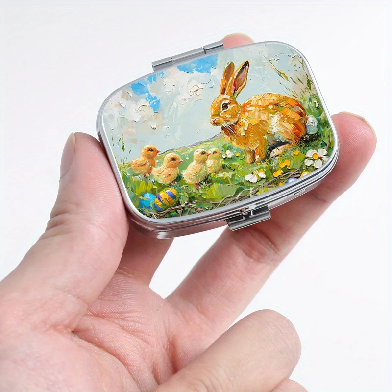 Retro Easter-themed Metal Medicine Box Designed By Bunny and Chick,Double Compartment Portable Medicine Box,Moisture-proof