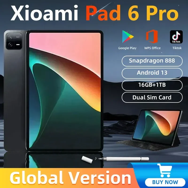 2024 오리지널 글로벌 버전 태블릿, 안드로이드 13 패드 6 프로, 스냅드래곤 888 태블릿 PC, 5G 듀얼 SIM 카드, 와이파이 HD 4K 미 탭, 16GB + 1TB