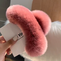 Luxurious Rex Rabbit Fur Plush Hair Claw Clip - Large, Cute, and Fuzzy Hair Accessory (Bean Powder)