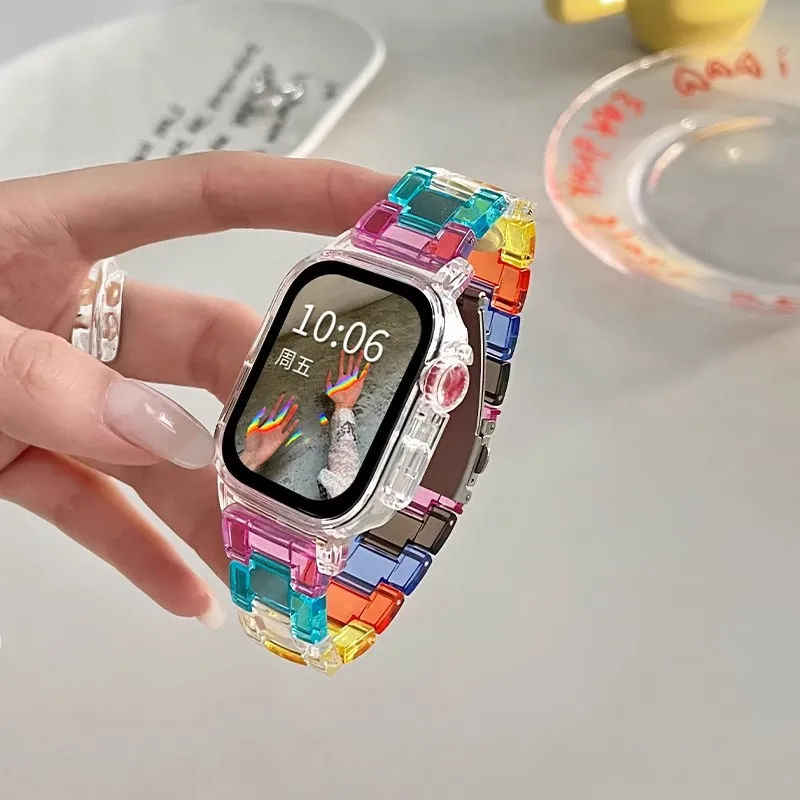 Rainbow Clear Resin Smartwatch Band with Transparent Case Bracelet Accessory