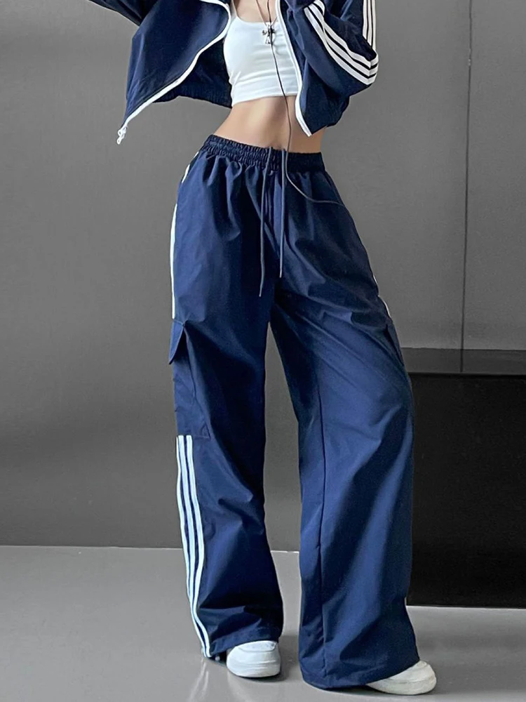 

Y2K Streetwear Stripe Patchwork Cargo Pant Women Korean HipHop Baggy High Waist Wide Leg Trouser Harajuku Jogger Sweatpants Lady