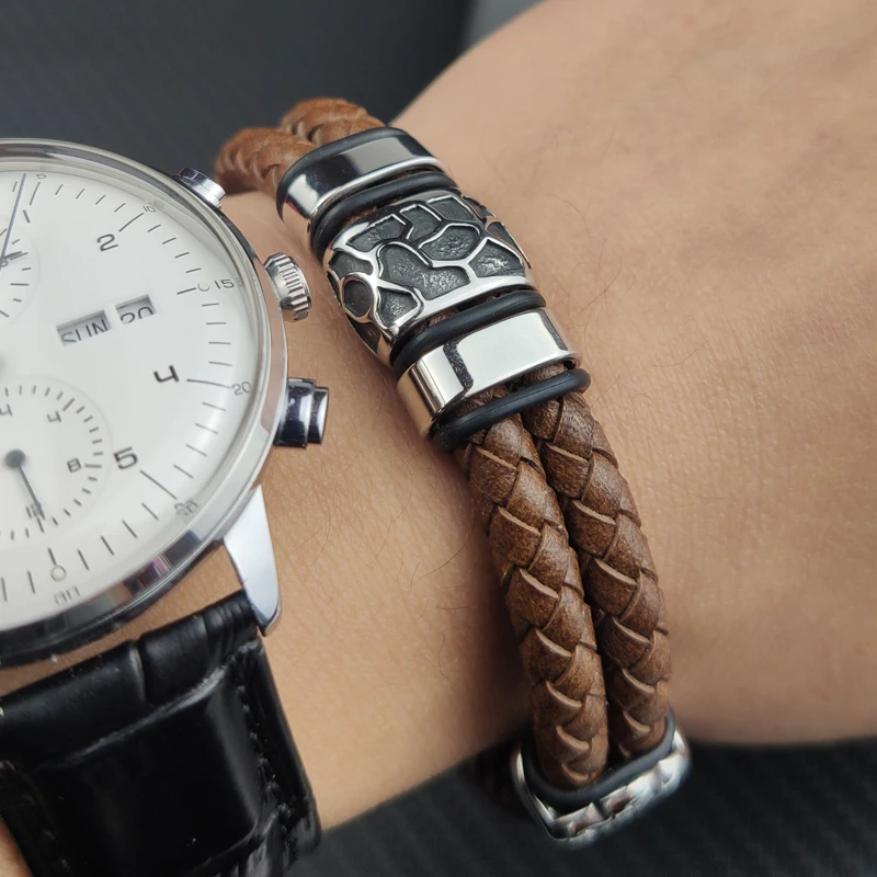 Leather Bracelet 316L Stainless Steel Brown Luxury