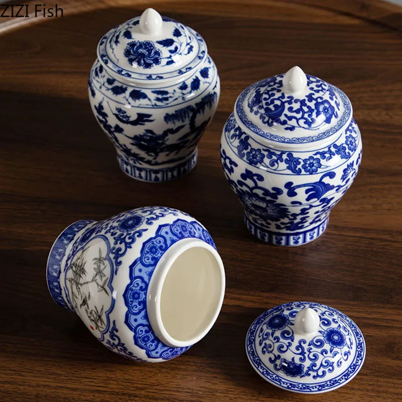 Blue and White Porcelain General Jar Tea Canister Sealed Ceramic Storage Jar with Lid Desk Decoration Candy Pots Tea Caddy tea canister