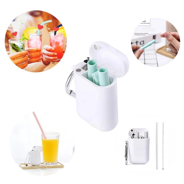 Reusable Silicone Folding Collapsible Drinking Straw Portable Cleaning  Brush Set