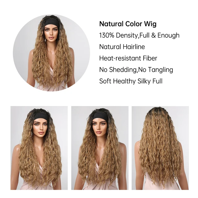 EASIHAIR Headband Synthetic Wigs Long Brown Golden Kinky Curly Wavy Headband Wigs for Black Women Daily Cosplay Heat Resistant 2