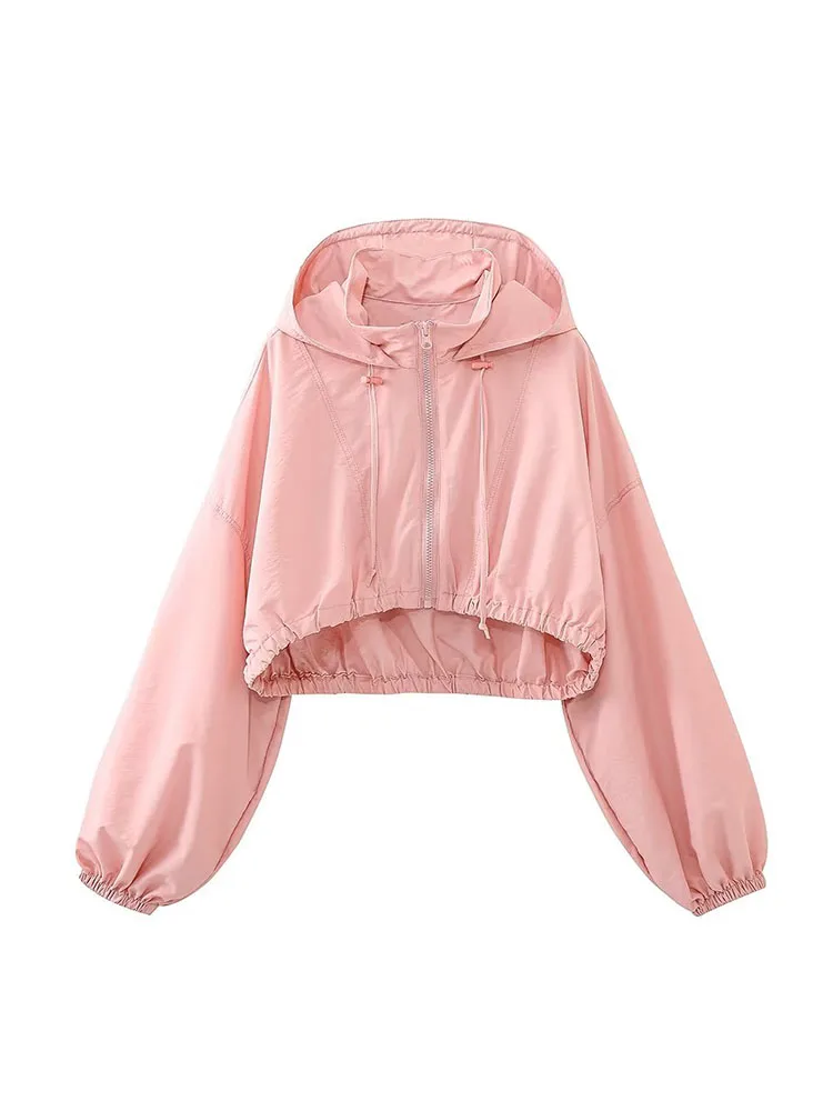 

2023 new autumn women's fashionable sweet pink hooded drawstring short jacket