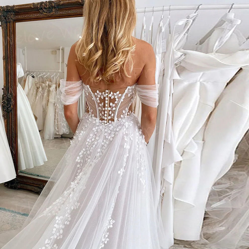2025 Graceful A Line Women's Wedding Dresses Sexy Off The Shoulder Customized Bride Gowns Lace Appliques Backless Robe De Mariée 4