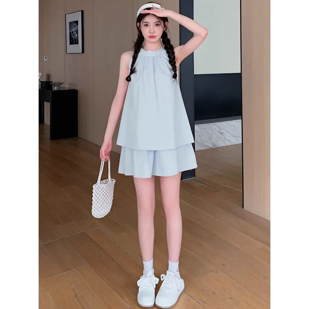 Summer French Cute Small Size Maternity Set Sleeveless Vest Doll Shirt Shorts Two Piece Thin Set for Pregnant Women