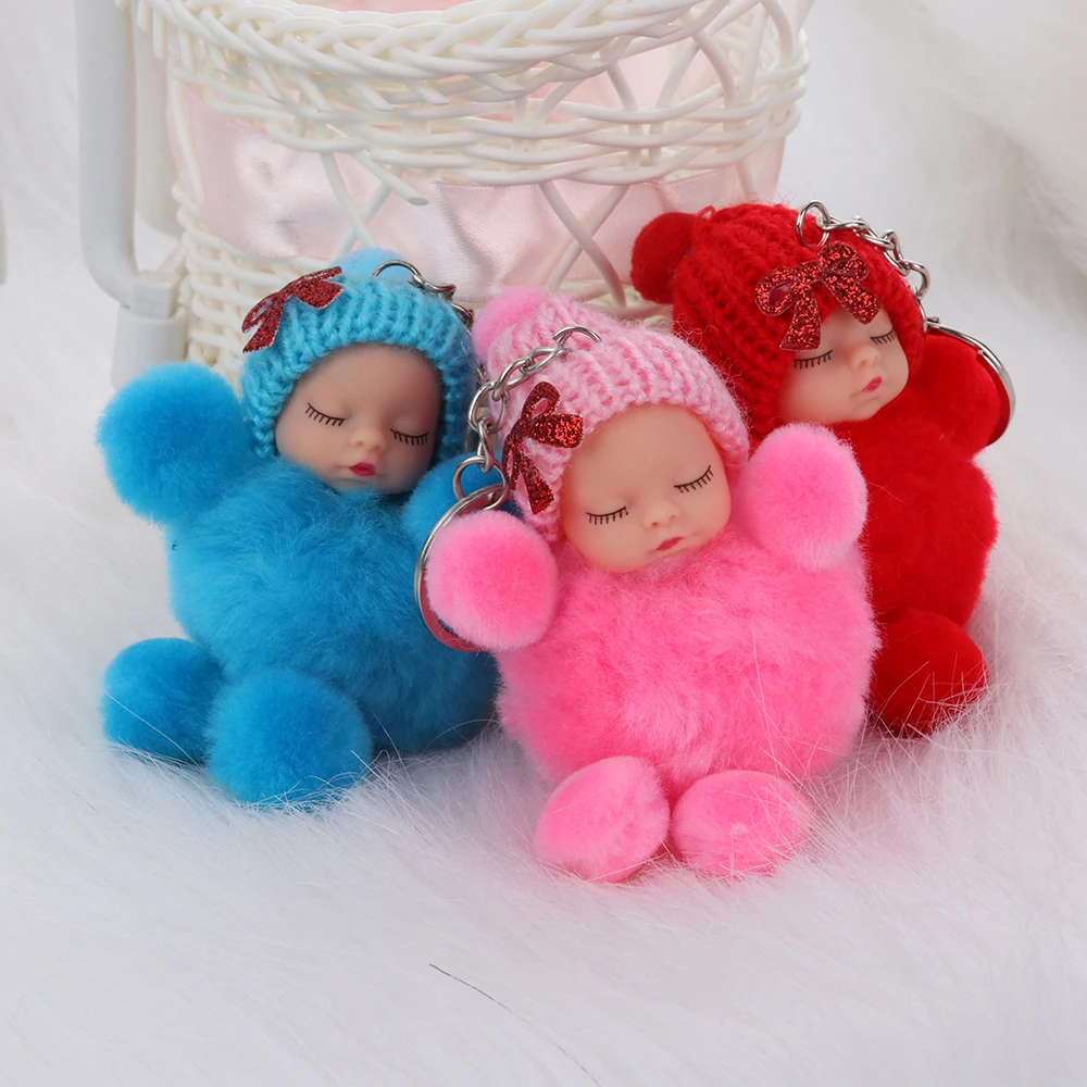 Cute Sleeping Baby Bowtie Fluffy Pompom Fur Plush Doll Keychain 1 Pcs