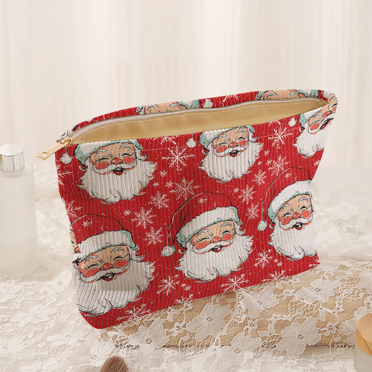 1 Christmas themed corduroy makeup bag, lightweight zipper makeup storage box, multifunctional bag with lining