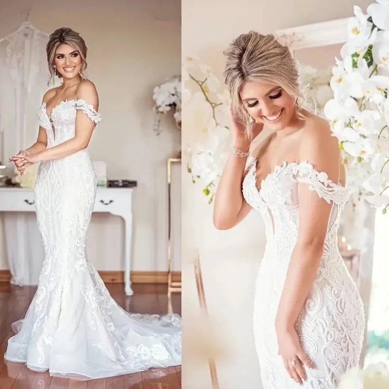 

Stylish Off The Shoulder Lace Mermaid Wedding Dresses For Women Plus Size Arabic Aso Ebi Boho Country Bridal Gowns Sweep Train R