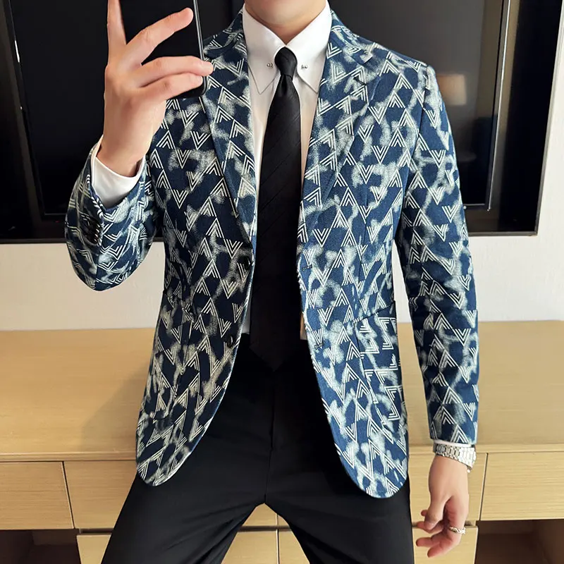 High Quality Denim Jacquard Suit Jacket for Men Slim Fit Business Men Blazers Fashion Casual Streetwear Social Dress Coats