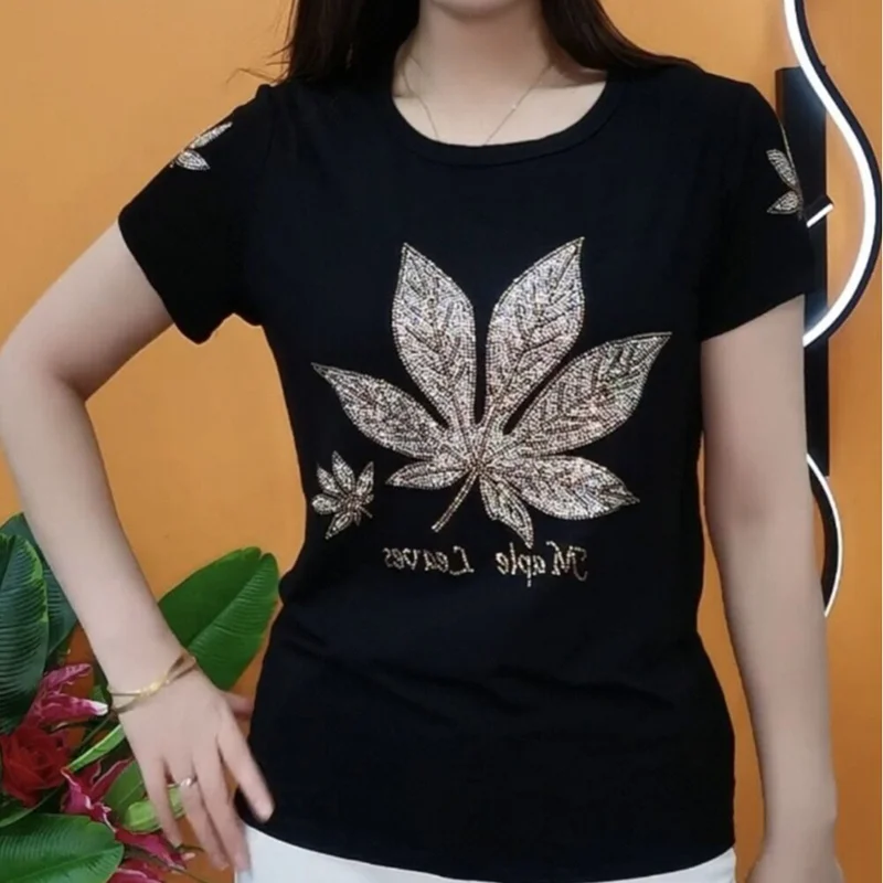 

Женская футболка с круглым вырезом, однотонная Свободная Повседневная футболка с коротким рукавом и надписью со стразами в минималистическом стиле, лето 2024