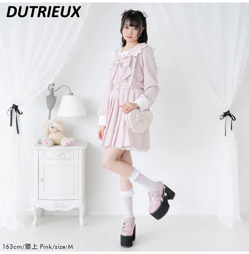 Japanese Lolita Style Rhinestone Love Chain Platform High Heels Mine Sweet Cute Women's All-matching Kawaii Pumps Shoes