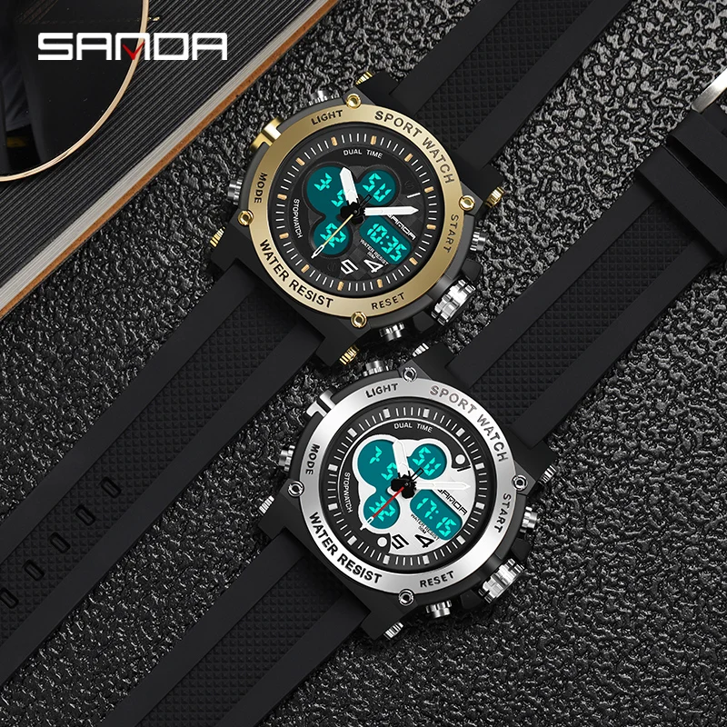 SANDA Fashion Trend Dual Display Men Watch Luxury Brand Multifunctional Dial Design Military Mens Watches Luminous Waterproof