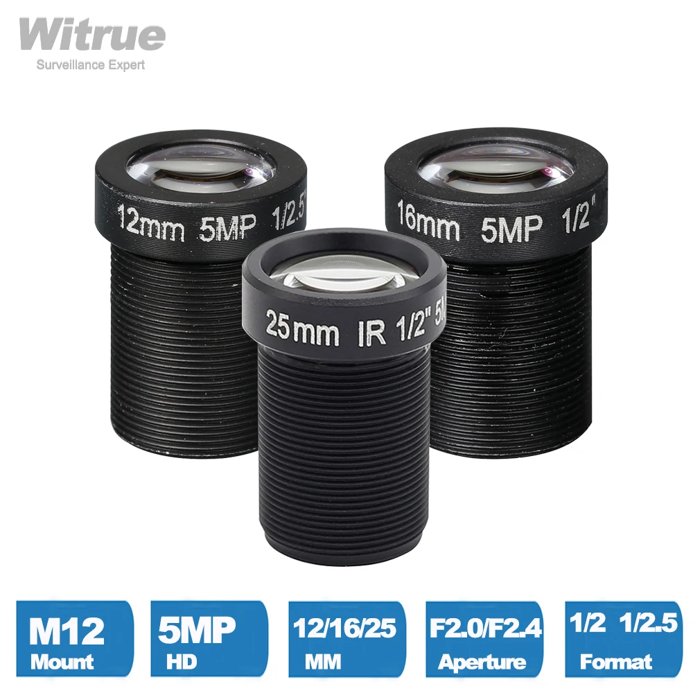 Фото Объектив камеры видеонаблюдения Witrue 5 мегапикселей M12 X P0.5, крепление 1/2, 5 дюймов F2.0 12 мм 16 мм 25 мм опционально для IP-камер безопасности №1
