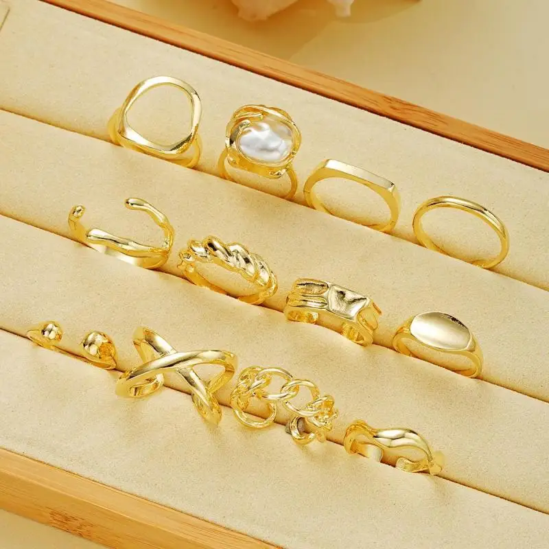 12Pcs/Set Retro Irregular Geometric Rings for Women Punk Alloy Metal Adjustable Finger Rings Set Fashion Statement Jewelry Party 3