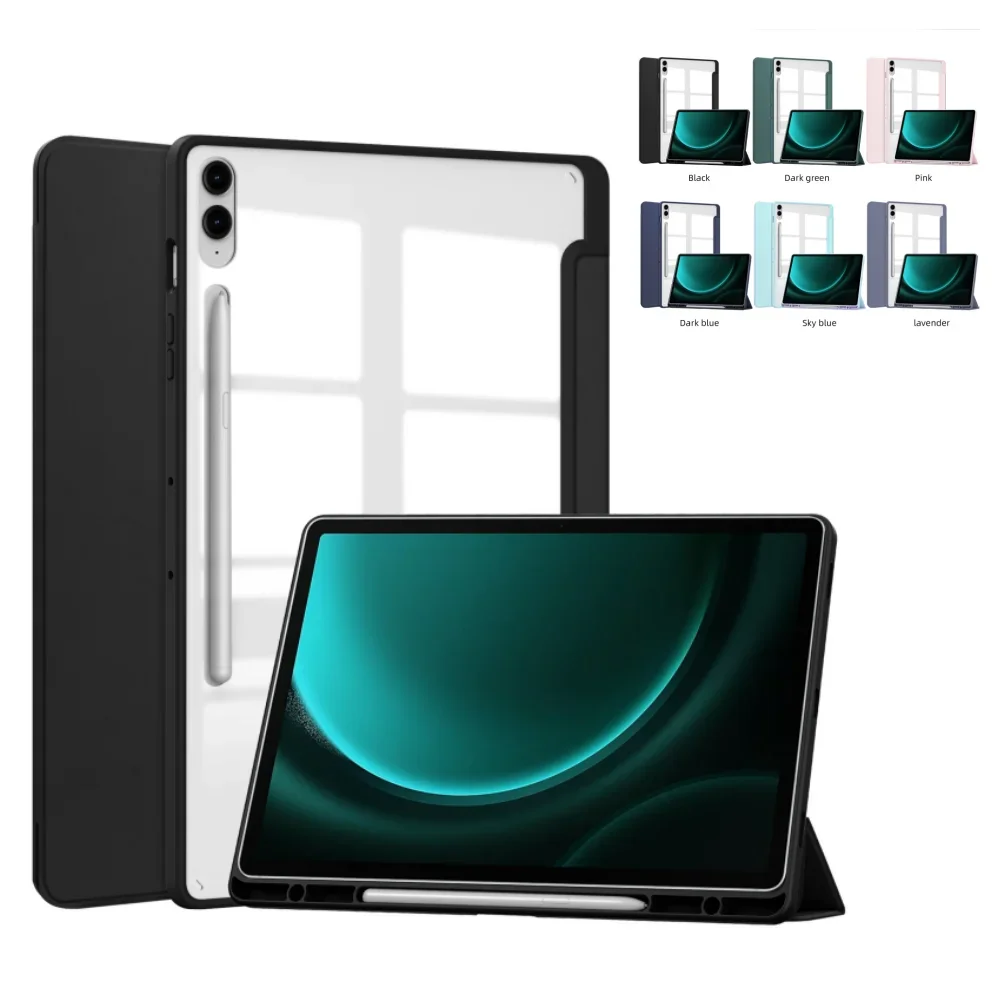삼성 갤럭시 탭 S9FE 플러스 케이스, 자동 깨우기 기능, 12.4 SM-X610, X616, 펜꽂이 투명 뒷면 커버 내장
