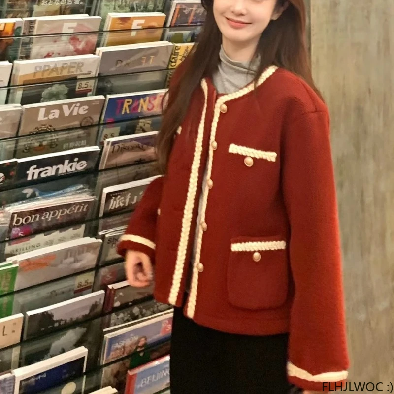 

Short Jackets Loose Lazy Retro Vintage Preppy Design Cute Pockets Chic Korea Japan Style Girls Casual Woolen Coats 2024 Winter