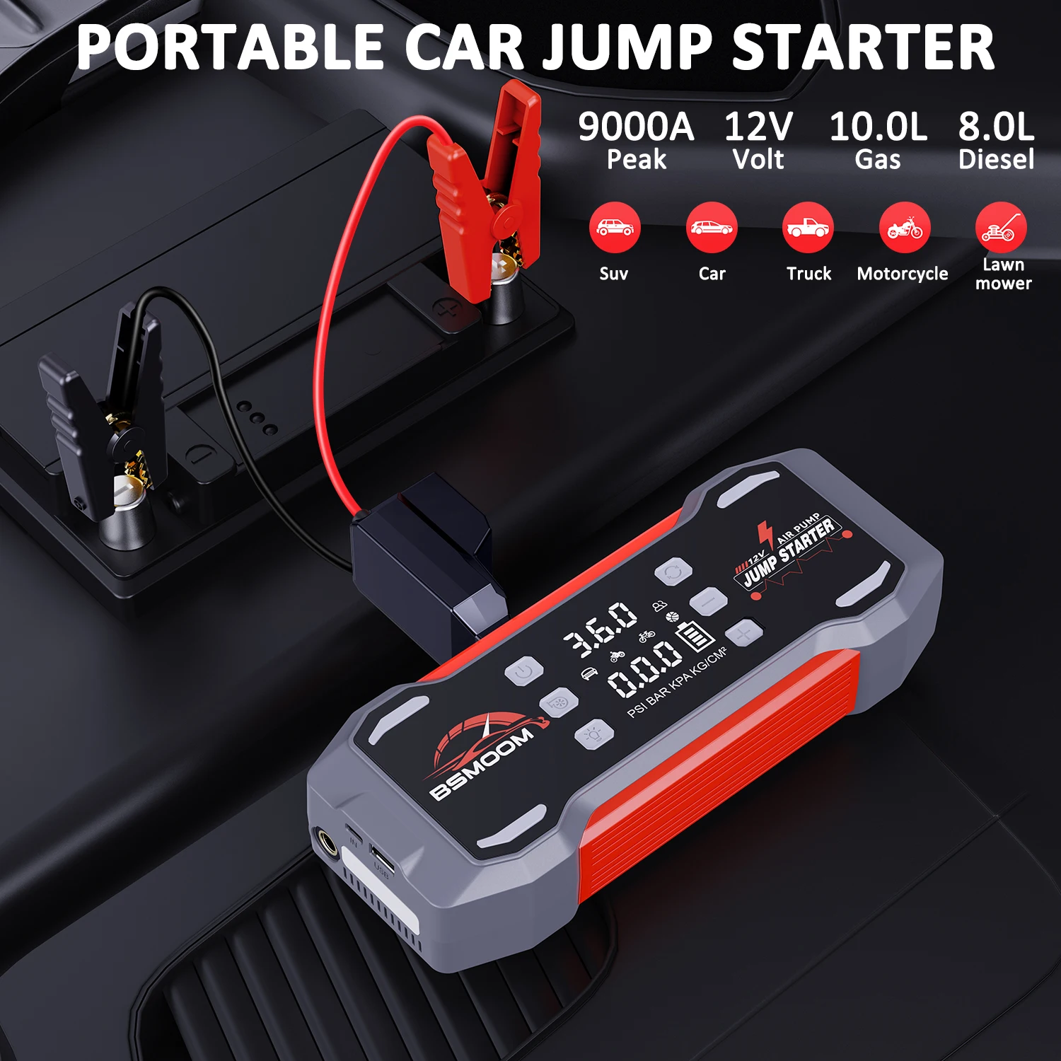 BSMOOM 9000A Avviatore di emergenza per auto Pompa d'aria 6 in 1, compressore d'aria, ventilatore, batteria ausiliaria e cavi di emergenza intelligenti 12V - immagine 2