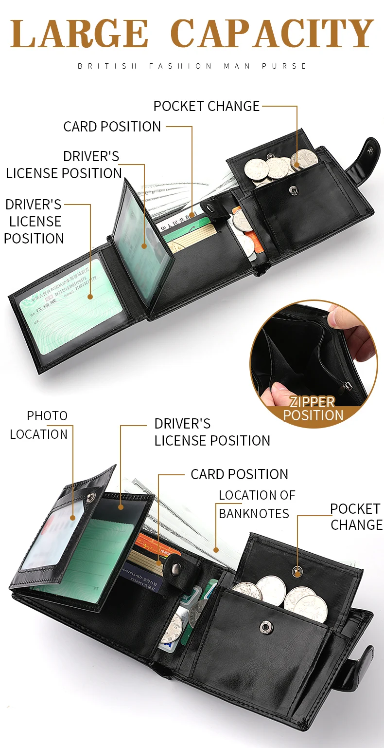 Mens Multi-Function Large Capacity Wallet - Zipper Coin  ID Holder