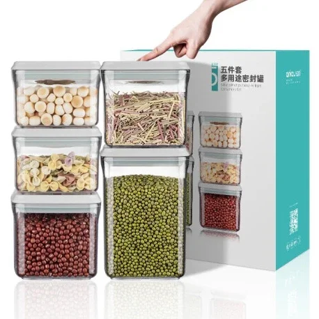 Ankou Kitchen Use Waterproof Food Grade One Button Press Snack Nice Clear Food Storage Containers with Airtight Lids 5 PCS Set