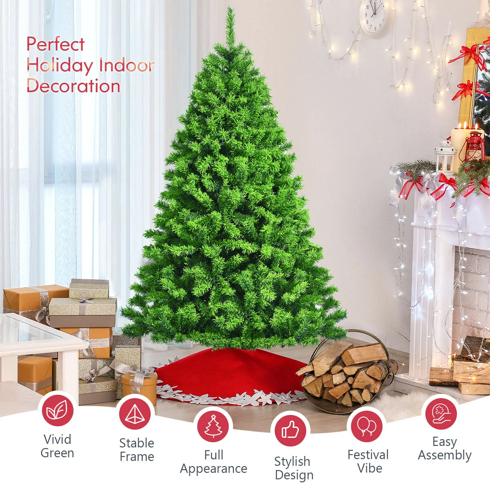 Costway 7.5ft Pre-Lit Hinged Christmas Tree Snow Flocked w/9 Modes Remote Control Lights