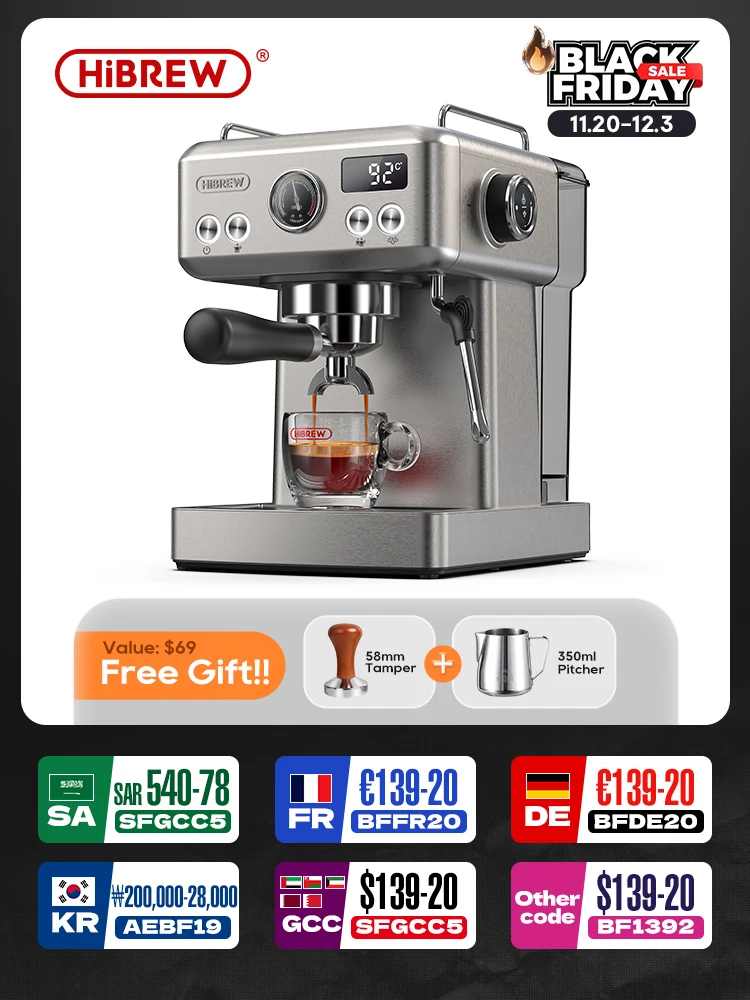 HiBREW 20Bar Semi Automatic Espresso Coffee Machine Temperature Adjustable 58mm Portafilter Cold/Hot Coffee Maker Metal CaseH10A