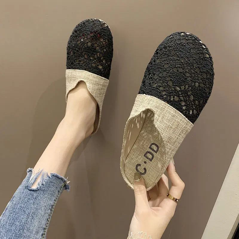 Women Flats Half slippers For Women Summer Woven Breathable Flat Bottomed Baotou Lazy Sandals