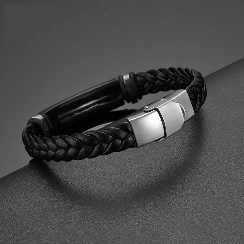 Personalized Leather Bracelet for Men Stainless Steel Custom Engraved Name ID Bracelet Gift for him Customized Wristband Gift