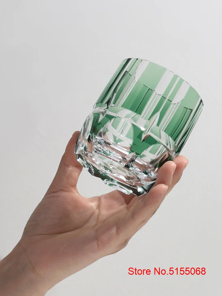 Edo Kiriko Crystal Rock Glass Hand Carving Green Bamboo Liquor Wine Tumbler Top Grade Whiskey Cup Japan Style KAGAMI Design