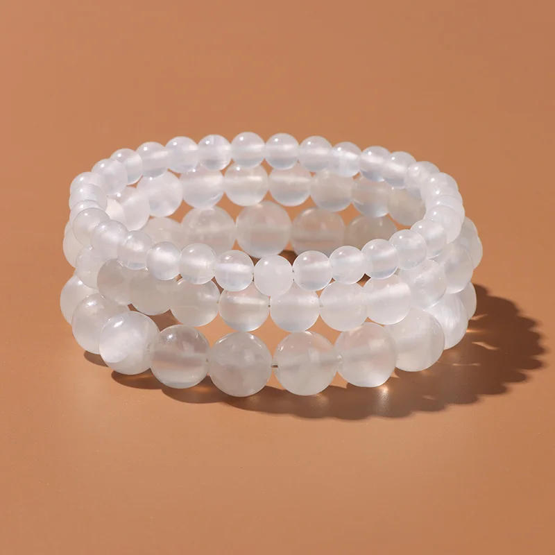 100% Natural Plaster Selenite Bracelet 6/8/10 mm Round White Fine AAA Stone Beads Bracelet Mineral Cat Eye Yoga Balance Jewelry