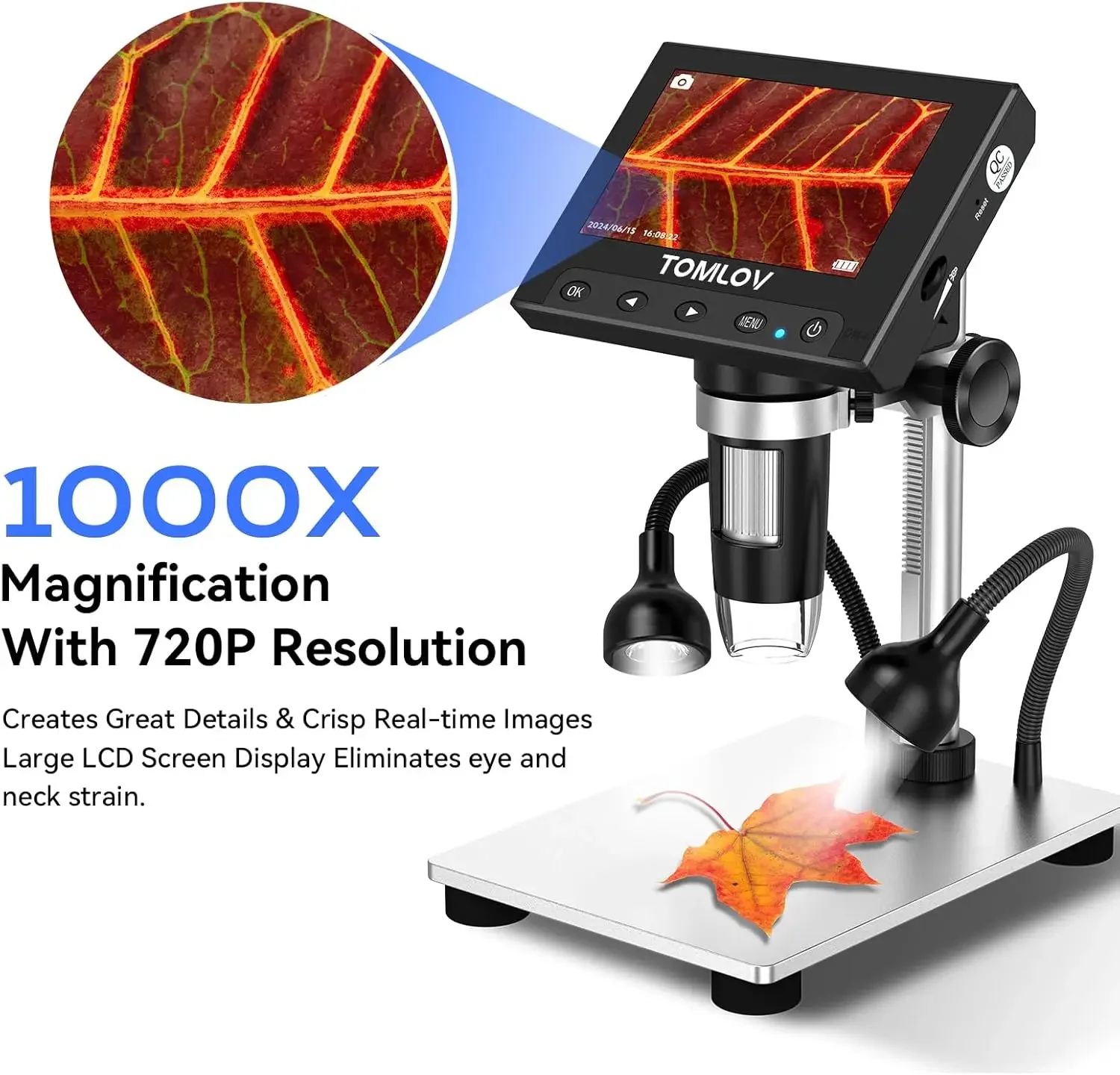 TOMLOV DM4S 1000배율 디지털 현미경 4.3인치 LCD 디스플레이 LED 금속 스탠드, 사진/비디오 카메라, SD 카드 슬롯 포함, 코인 PCB 수리용