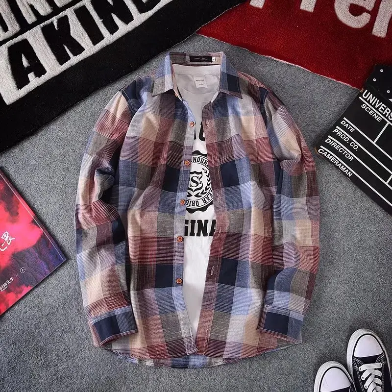 

Мужская Тонкая Рубашка в клетку с градиентом, повседневная приталенная рубашка с длинными рукавами, уличная одежда из хлопка