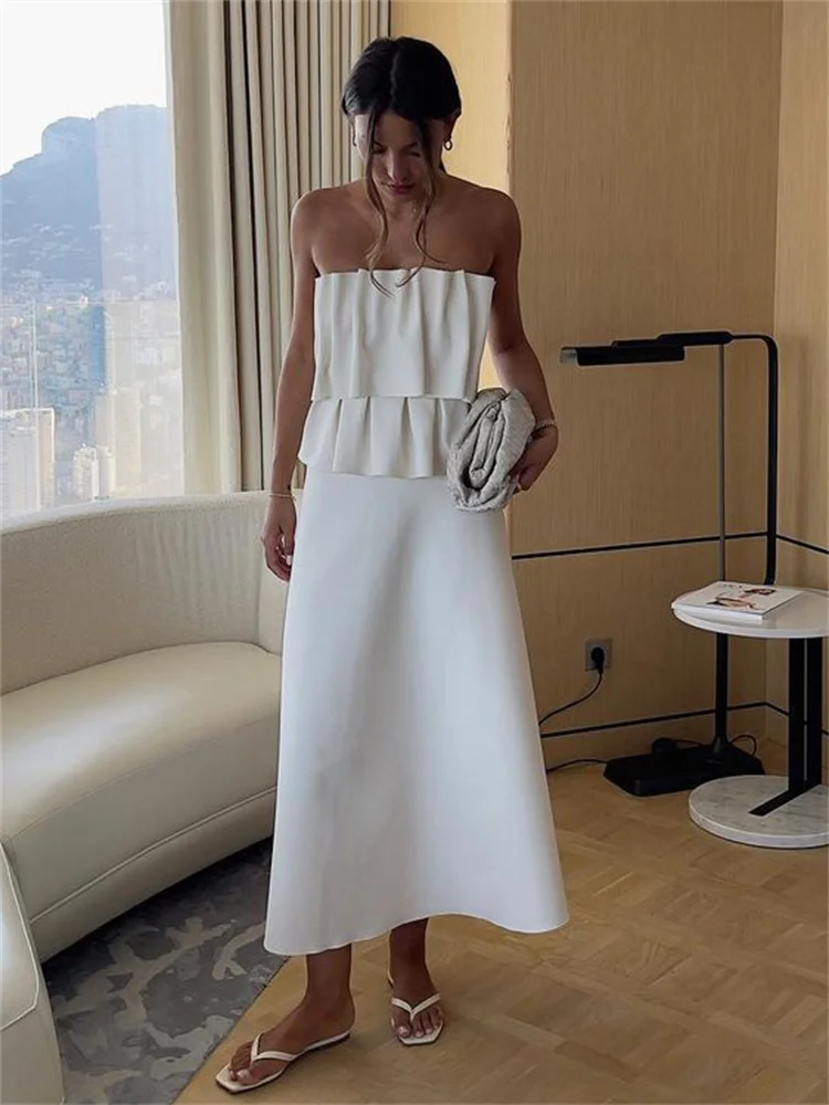 White Pleated For Women Tube Tops Backless Slim Patchwork Casual Summer Elegant Y2k Top High Waist Solid Bandeau Crop top