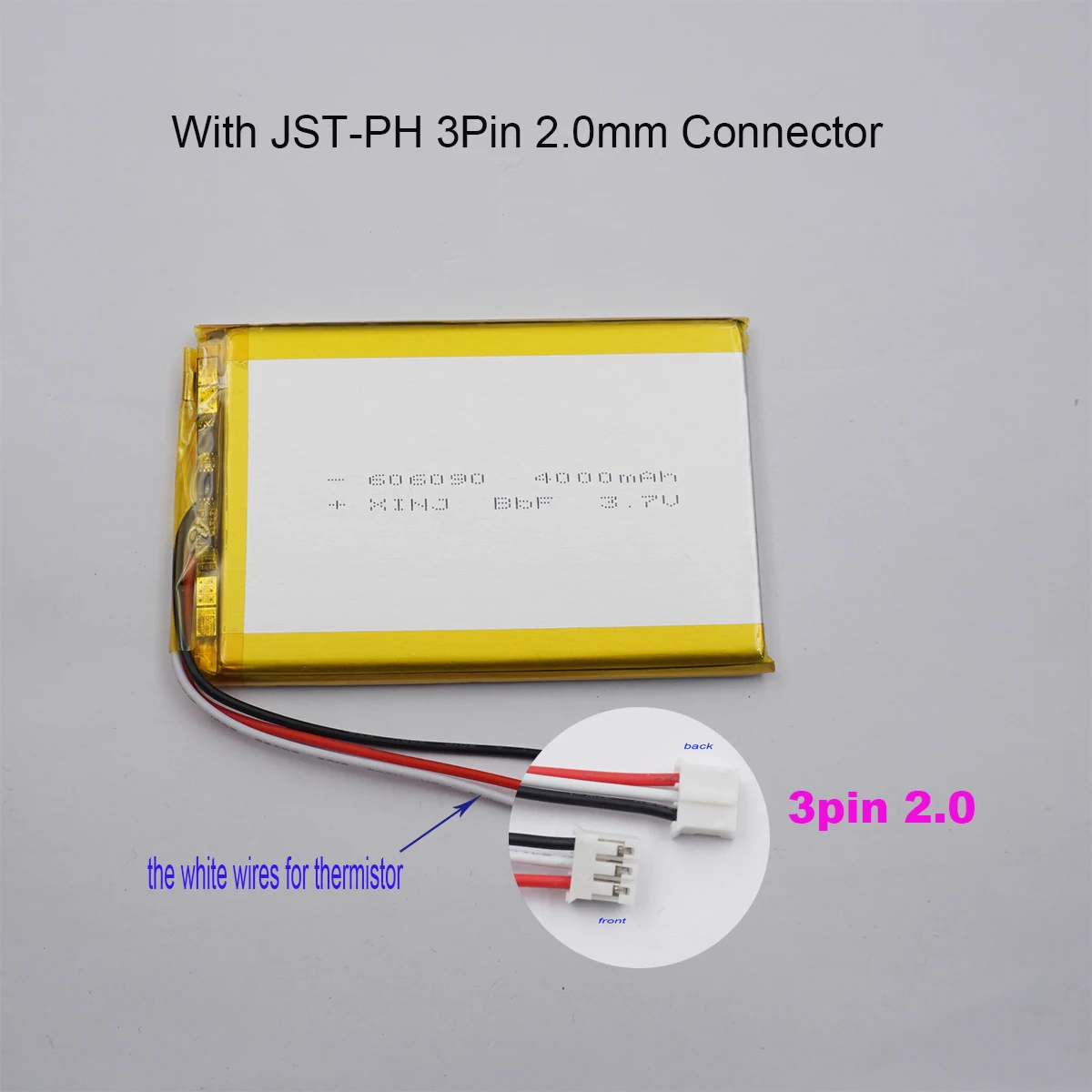 3.7v 4000 mah 14.8Wh 606090ポリマーリチウムリポバッテリー3ワイヤーサーミスタJSTPH 3Pin 2.0