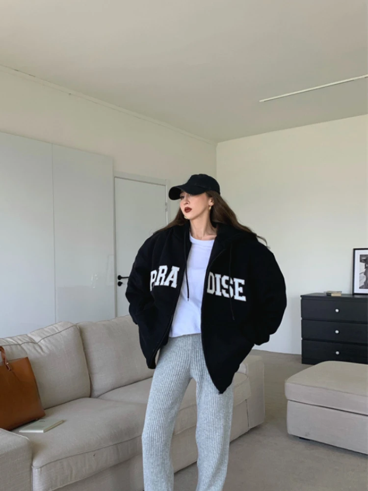 

Spring New Korean Fashion Loose Casual Women's Coat with Plush Hooded Solid Color Zipper Long Sleeved Hoodies Coat Women's Top