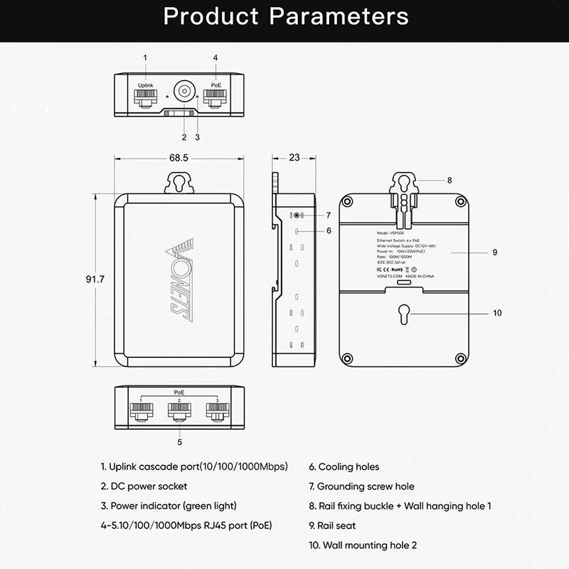 Vonets Poe Mini Interruptor Divisor Hub Desviador Portas Habitação de Metal Monitoramento de Segurança Vsp500 Gigabit - Imagem 3