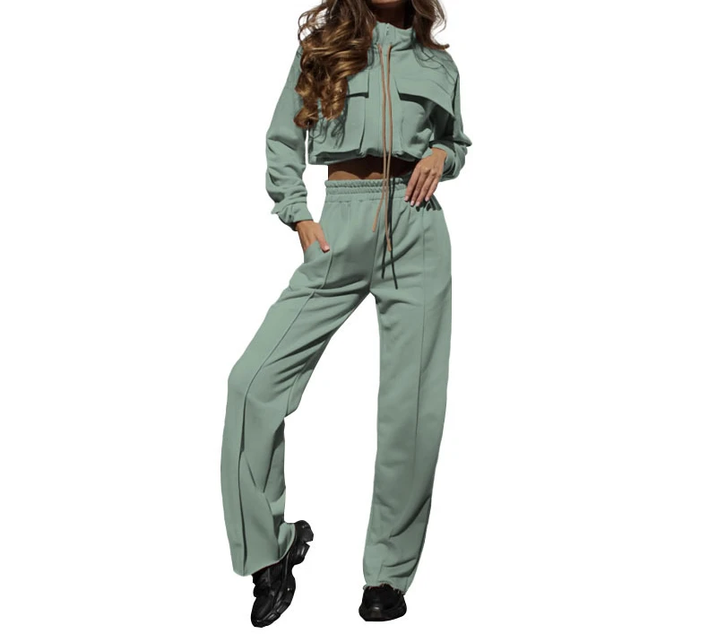 Autumn and Winter New Solid Color Zipper Double Bag Drawstring Long Sleeve Top Fashion Casual Trousers Suit Women Female Pants