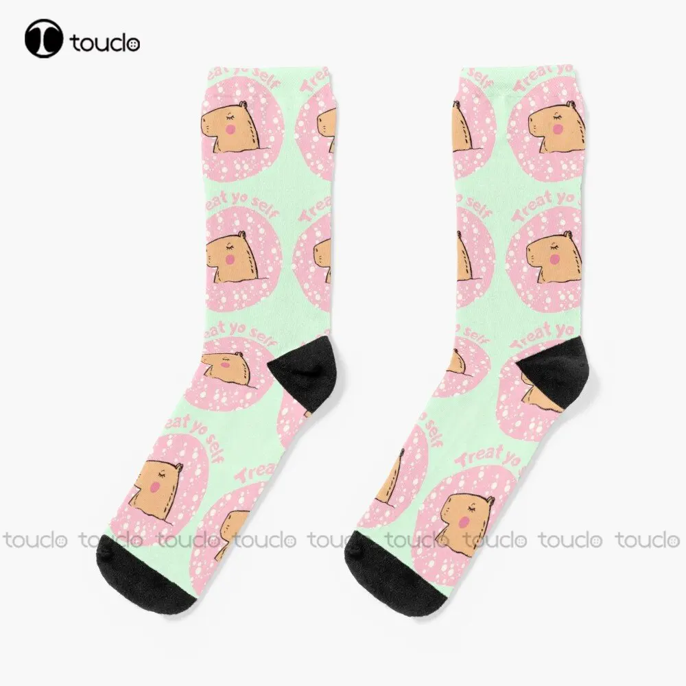 

Treat Yo Self Cute Capybara Socks White Men'S Socks Personalized Custom Unisex Adult Teen Youth Socks 360° Digital Print Cartoon