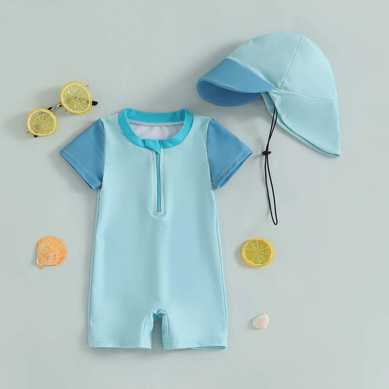 MISOWMNJOY Children Boy Swimwear Beach Wear Fashion Rash Guard Swimsuits with Hat Contrast Color Long Sleeve Zip Up Bathing Suit