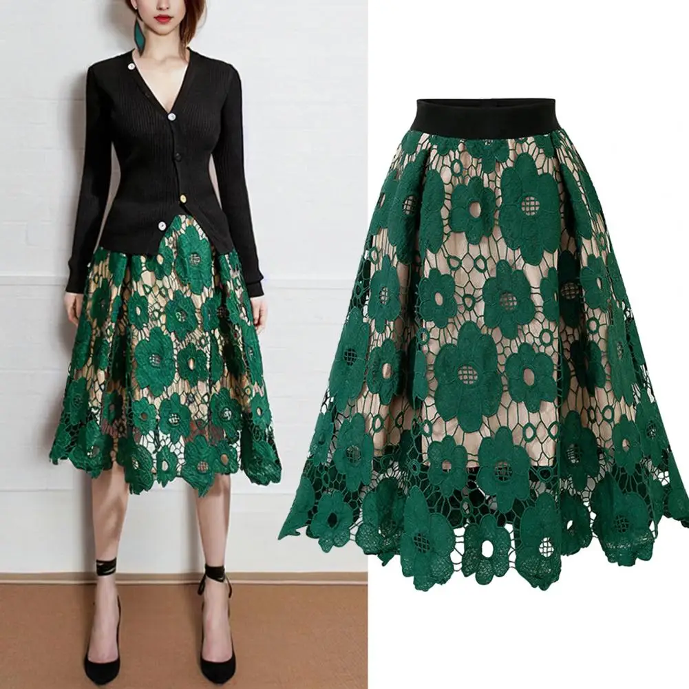 

Women High-waisted Long Skirt Elegant Floral Lace A-line Midi Skirt with High Elastic Waist Double-layered for Women for Commute