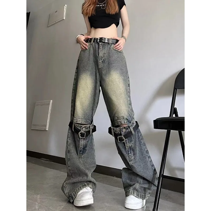 Jeans United States Ins Make Old Tie Straps Splicing Hole Micro La Women Senior Design Sense Loose Fitting Straight Cylinder