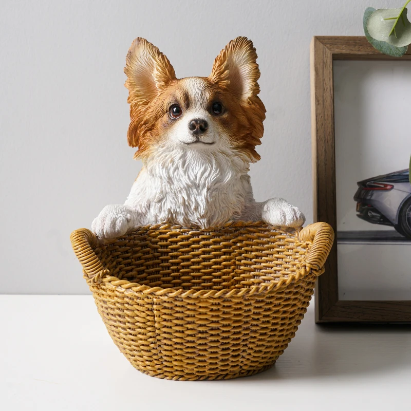 

Resin Artificial Papillon Dog Figurine Desk Decoration Aesthetic Room Decor Storage Basket Home Accessories Christmas Gift