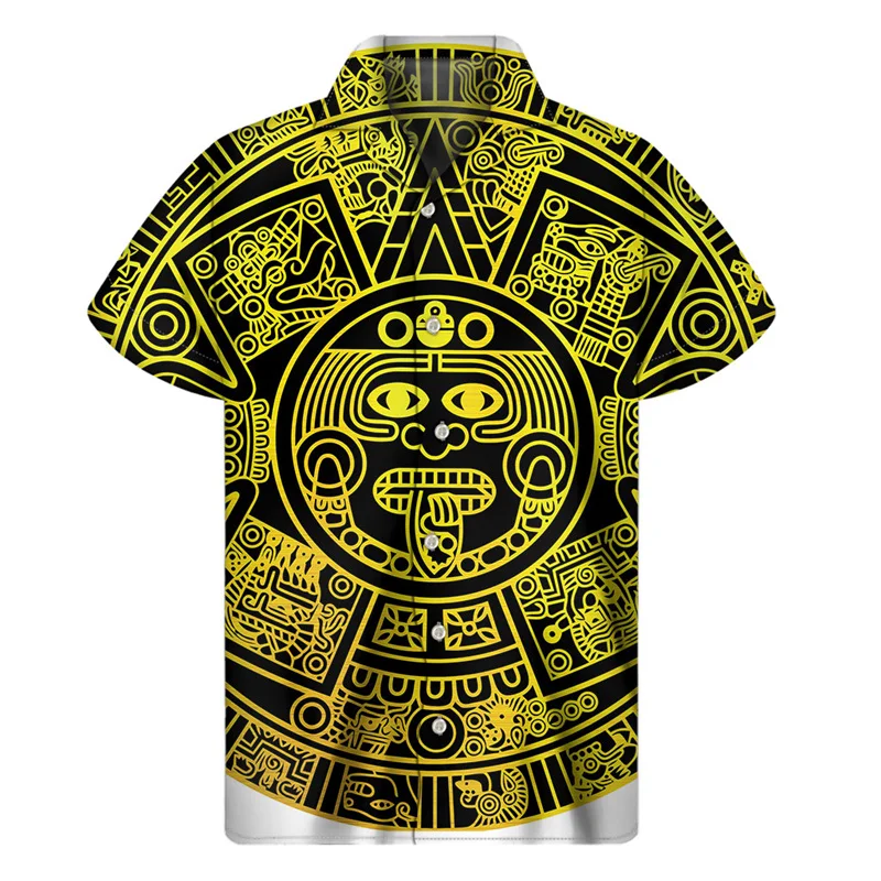 

Гавайские рубашки с 3D-принтом старинной статуи Mayan для мужчин, летняя модная пляжная рубашка с короткими рукавами, топы, блузка с лацканами, одежда
