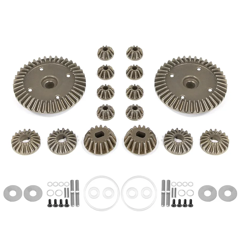 Kit d'engrenages différentiels avant et arrière RC en alliage pour Tamiya XV-02, TT-02, MB-01, XM-01, BT-01 - Mise à niveau 39T, installé sur un châssis de voiture RC.