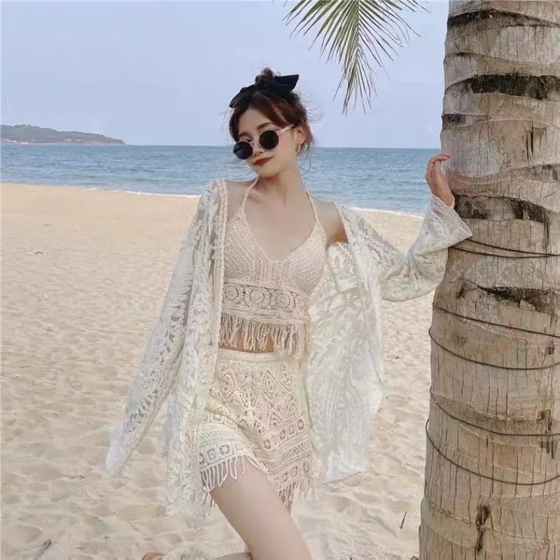 

Open Back Monokini Ruffle Bathing Suit Long Sleeve Three Piece Swimsuit Women Solid White Swimwear Push Up Off Shoulder Dropship