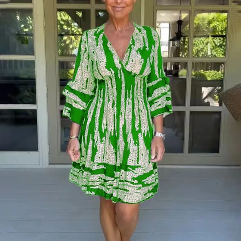 

Fashion Women Casual V-Neck Slim Dresses Summer 3/4 Flare Sleeve Holiday Beach Dress 2023 Female Printed Mid-Length Party Dress