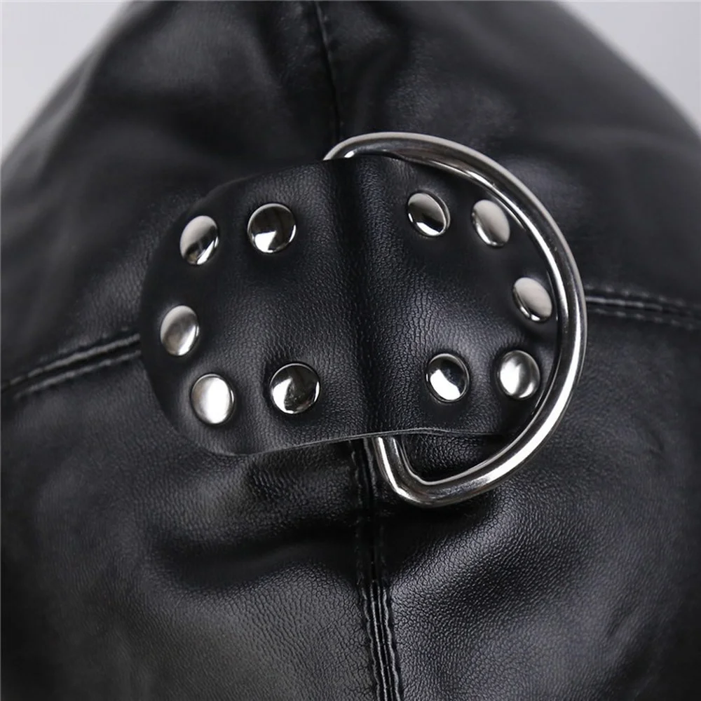 Maschera erotica SM con cappuccio in pelle, imbracatura per la testa, feticismo, occhi aperti e bocca, schiavo, parte del sesso_voghion.com