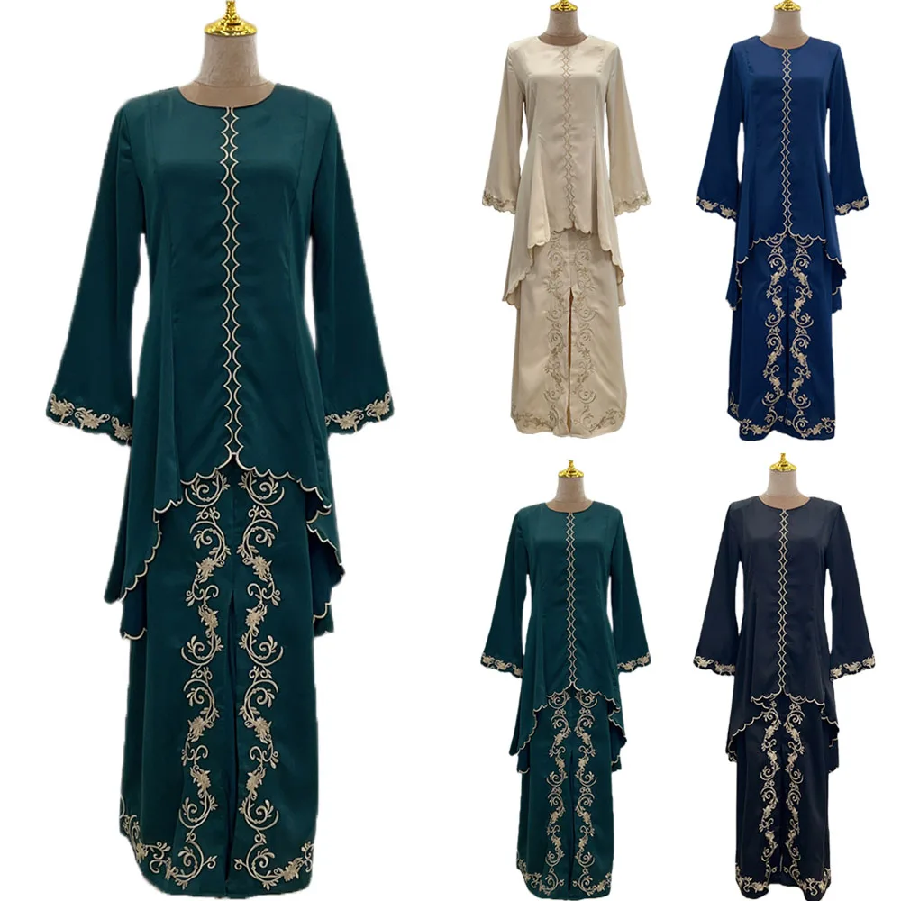 two-pieces-muslim-suits-malaysia-traditional-tops-skirts-set-embroidery-baju-kurung-for-women-middle-east-islamic-ramadan-suits